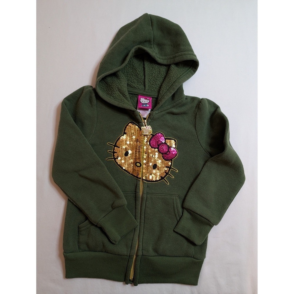 Kids Hello Kitty Sequin‎ Hoodie Jacket Green Fleece Lined Zip Up Size 4